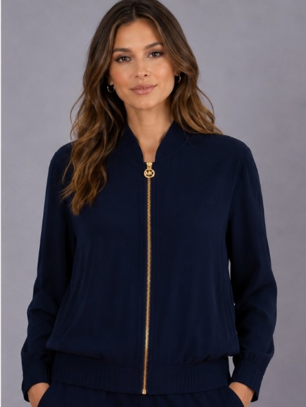 Michael Michael Kors Navy Blue Crepe Bomber Jacket Large Gold Zip MK Logo